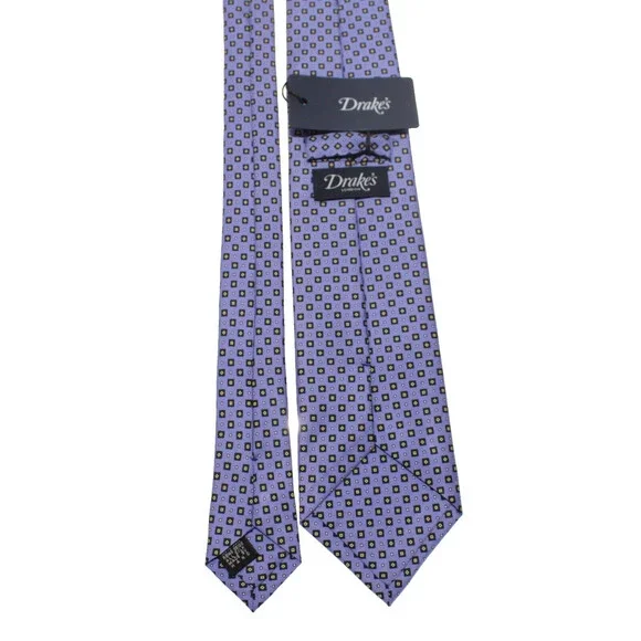 Drake's NWT Neck Tie Purple w Blackish Blue/Yellow/White Geo Pattern 100% Silk